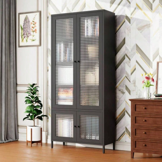 Large Metal Storage Cabinet Display Cabinet with 4 Glass Doors 5 Shelves Side Cabinet Bookcase Freestanding Cabinet Bedroom Living Room Pantry Home Office - Black, Waffle - Grids Tempered Glass