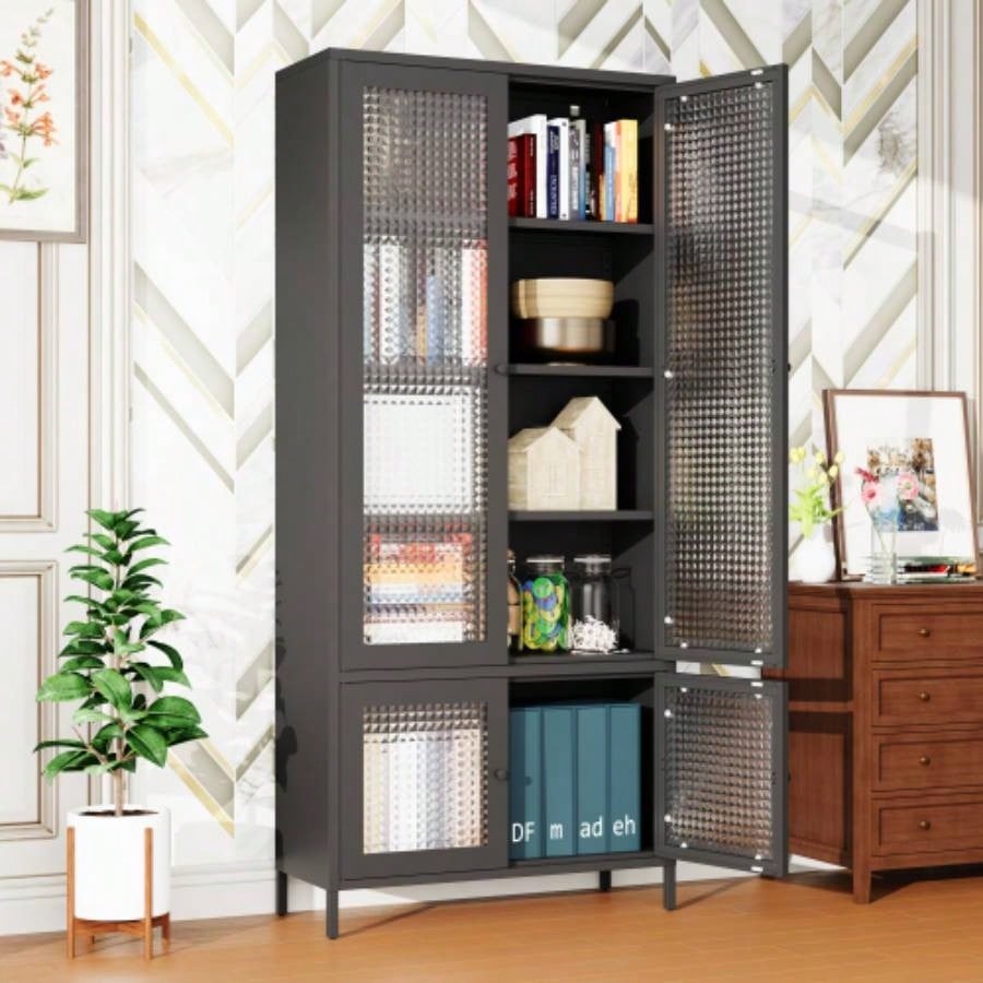 Large Metal Storage Cabinet Display Cabinet with 4 Glass Doors 5 Shelves Side Cabinet Bookcase Freestanding Cabinet Bedroom Living Room Pantry Home Office - Black, Waffle - Grids Tempered Glass