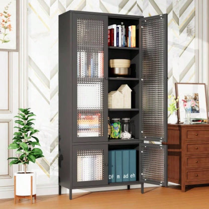 Large Metal Storage Cabinet Display Cabinet with 4 Glass Doors 5 Shelves Side Cabinet Bookcase Freestanding Cabinet Bedroom Living Room Pantry Home Office - Black, Waffle - Grids Tempered Glass