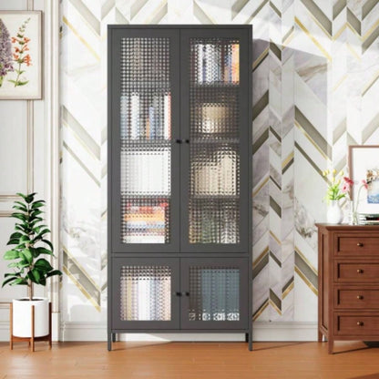 Large Metal Storage Cabinet Display Cabinet with 4 Glass Doors 5 Shelves Side Cabinet Bookcase Freestanding Cabinet Bedroom Living Room Pantry Home Office - Black, Waffle - Grids Tempered Glass