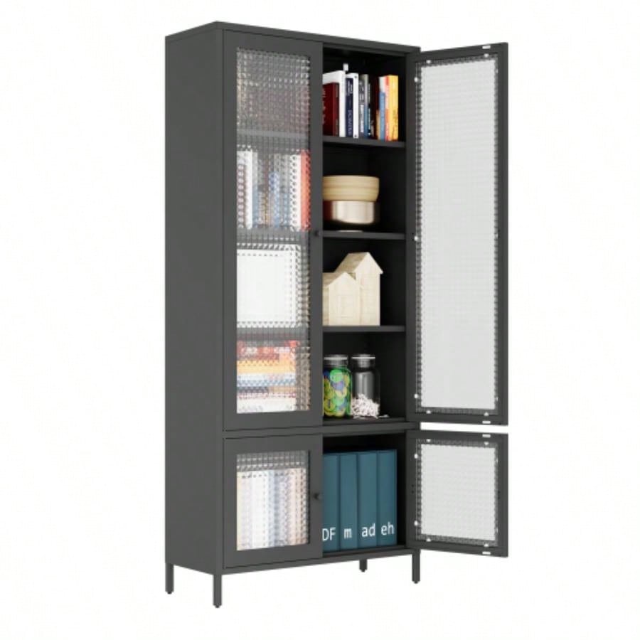 Large Metal Storage Cabinet Display Cabinet with 4 Glass Doors 5 Shelves Side Cabinet Bookcase Freestanding Cabinet Bedroom Living Room Pantry Home Office - Black, Waffle - Grids Tempered Glass