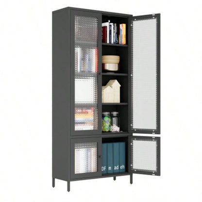Large Metal Storage Cabinet Display Cabinet with 4 Glass Doors 5 Shelves Side Cabinet Bookcase Freestanding Cabinet Bedroom Living Room Pantry Home Office - Black, Waffle - Grids Tempered Glass