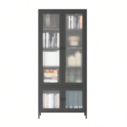 Large Metal Storage Cabinet Display Cabinet with 4 Glass Doors 5 Shelves Side Cabinet Bookcase Freestanding Cabinet Bedroom Living Room Pantry Home Office - Black, Waffle - Grids Tempered Glass