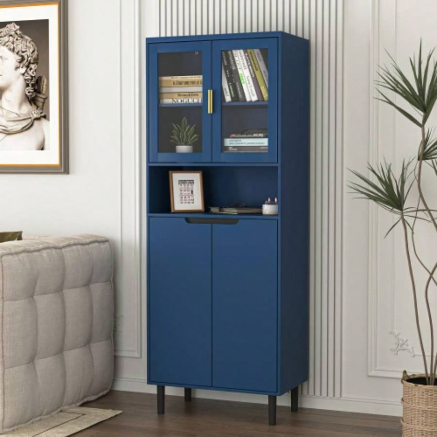 Tempered Glass Door Tall Storage Bookcase with adjustable board, 4 doors MDF painting finished cabinet, Navy Blue, Living room Bedroom storage