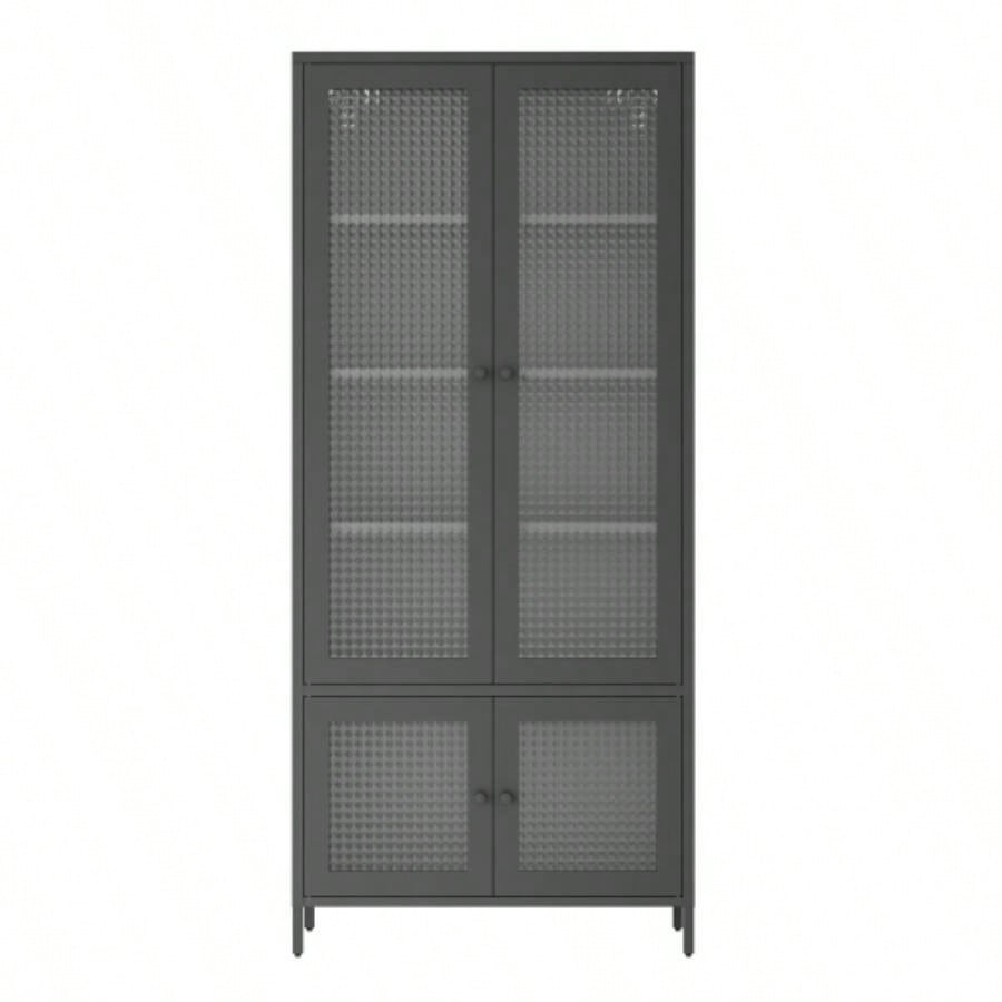 Large Metal Storage Cabinet Display Cabinet with 4 Glass Doors 5 Shelves Side Cabinet Bookcase Freestanding Cabinet Bedroom Living Room Pantry Home Office - Black, Waffle - Grids Tempered Glass