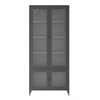 Large Metal Storage Cabinet Display Cabinet with 4 Glass Doors 5 Shelves Side Cabinet Bookcase Freestanding Cabinet Bedroom Living Room Pantry Home Office - Black, Waffle - Grids Tempered Glass