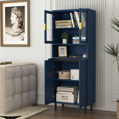 Tempered Glass Door Tall Storage Bookcase with adjustable board, 4 doors MDF painting finished cabinet, Navy Blue, Living room Bedroom storage