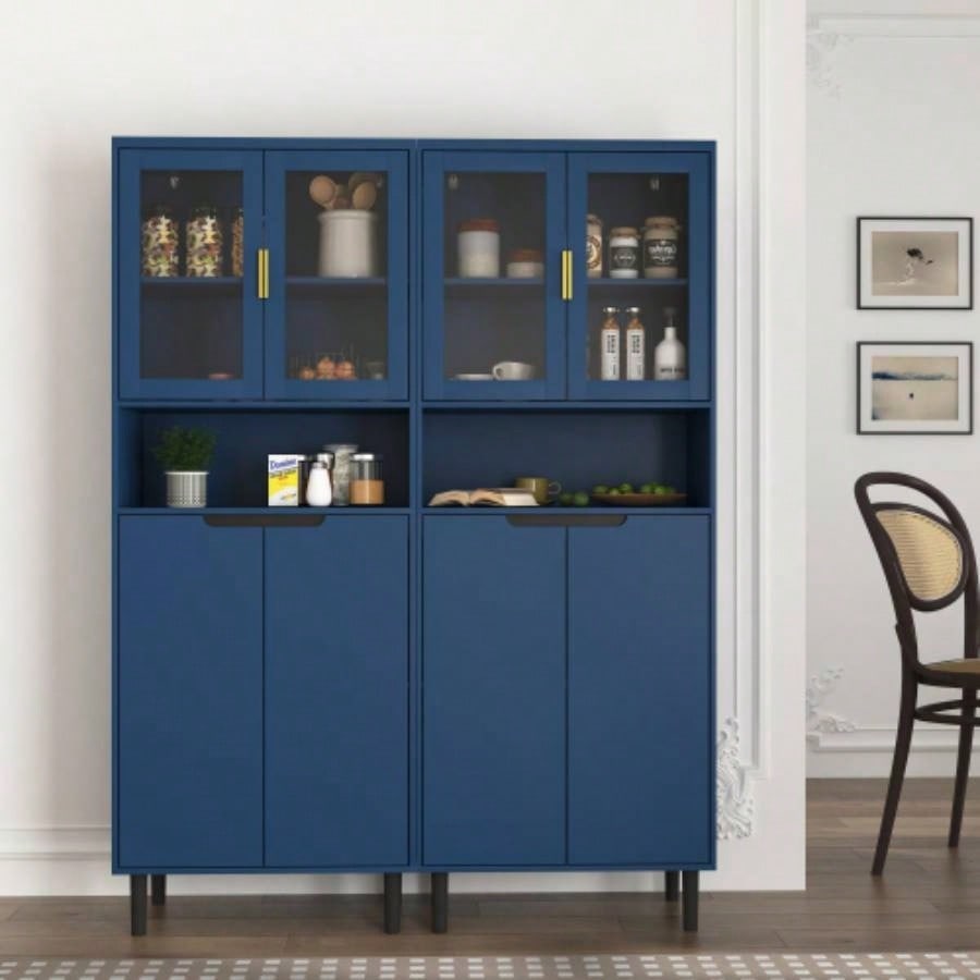 Tempered Glass Door Tall Storage Bookcase with adjustable board, 4 doors MDF painting finished cabinet, Navy Blue, Living room Bedroom storage
