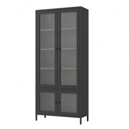 Large Metal Storage Cabinet Display Cabinet with 4 Glass Doors 5 Shelves Side Cabinet Bookcase Freestanding Cabinet Bedroom Living Room Pantry Home Office - Black, Waffle - Grids Tempered Glass