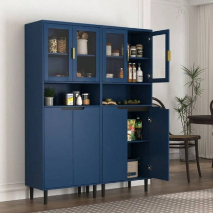 Tempered Glass Door Tall Storage Bookcase with adjustable board, 4 doors MDF painting finished cabinet, Navy Blue, Living room Bedroom storage