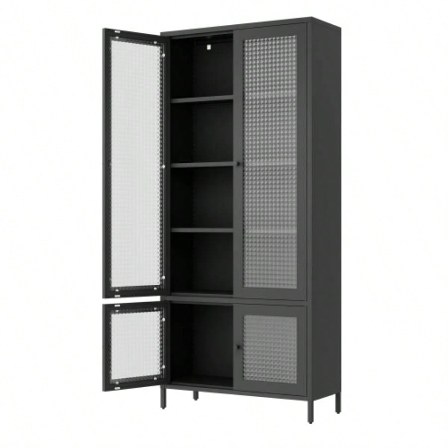 Large Metal Storage Cabinet Display Cabinet with 4 Glass Doors 5 Shelves Side Cabinet Bookcase Freestanding Cabinet Bedroom Living Room Pantry Home Office - Black, Waffle - Grids Tempered Glass
