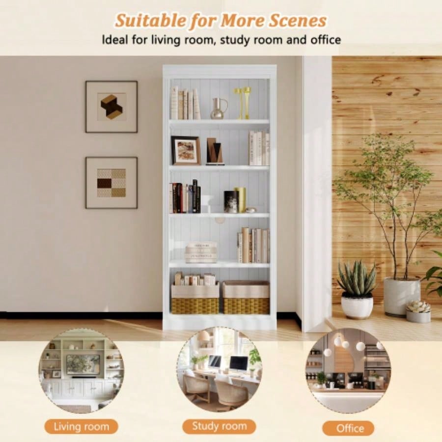 83 Tall Wood Bookcase Suite, 5 - Tier Home Decor Bookshelves Suite with Adjustable Shelves, Storage Organizer CDs/Books/Movies, Standing Storage Shelves Suite Living Room, Office, White