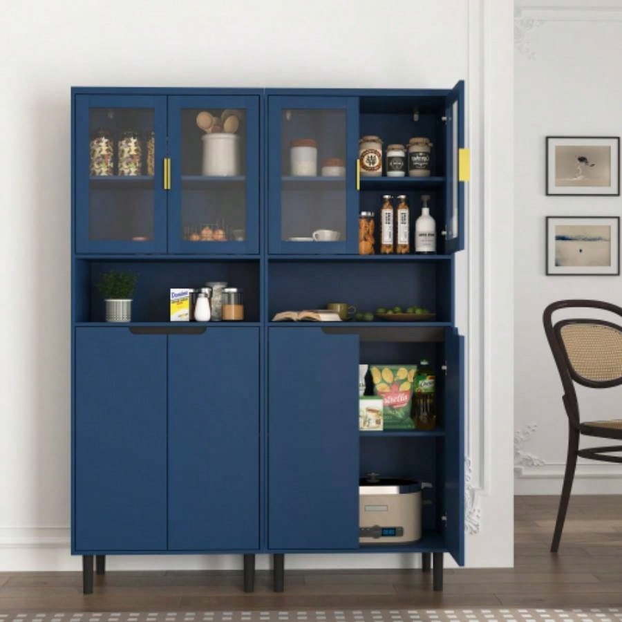 Tempered Glass Door Tall Storage Bookcase with adjustable board, 4 doors MDF painting finished cabinet, Navy Blue, Living room Bedroom storage