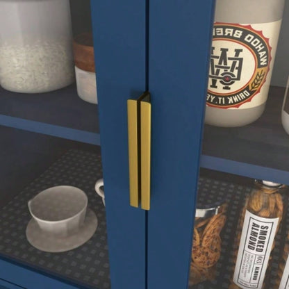 Tempered Glass Door Tall Storage Bookcase with adjustable board, 4 doors MDF painting finished cabinet, Navy Blue, Living room Bedroom storage