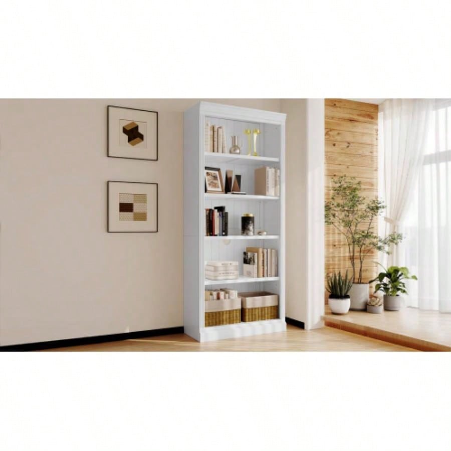 83 Tall Wood Bookcase Suite, 5 - Tier Home Decor Bookshelves Suite with Adjustable Shelves, Storage Organizer CDs/Books/Movies, Standing Storage Shelves Suite Living Room, Office, White
