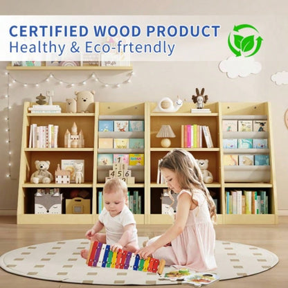 Wooden Toy Storage Organizer Cabinet Natural/ Wood Kids Bookshelf Children Bookcase Toddler Sling Book Rack Shelf Playroom Bedroom Nursery Hallway School Kindergarten Living room