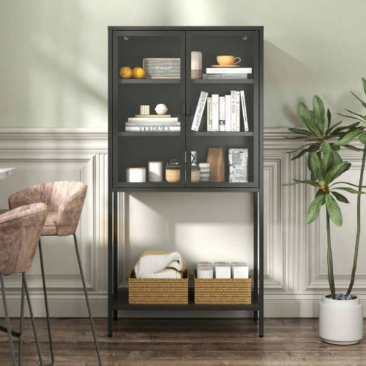 59H Heavy Duty Metal Storage Cabinet, Sideboards Buffet, Display Storage Cabinet with Glass Doors and 2 Adjustable Shelves, Tall Bookcase Modern Bookshelf Cabinet Home Office, Living Room