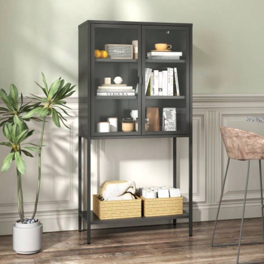 59H Heavy Duty Metal Storage Cabinet, Sideboards Buffet, Display Storage Cabinet with Glass Doors and 2 Adjustable Shelves, Tall Bookcase Modern Bookshelf Cabinet Home Office, Living Room