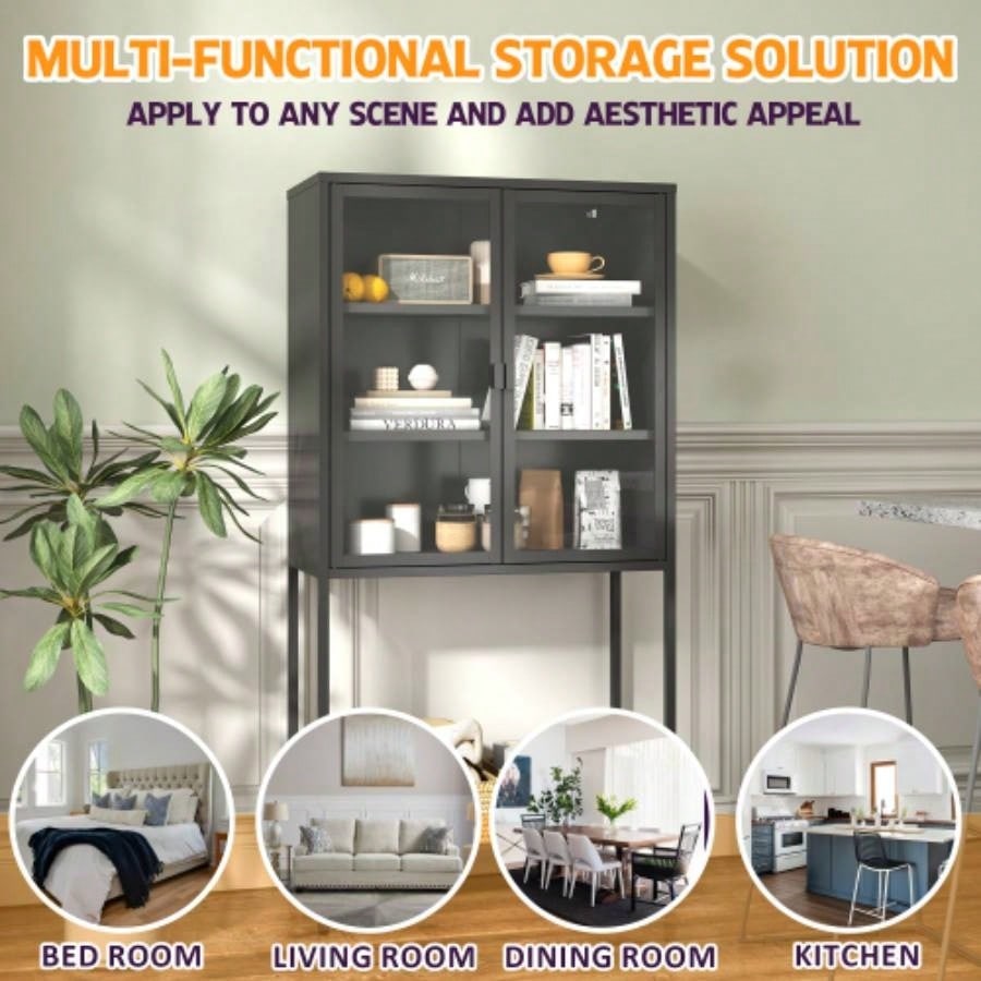 59H Heavy Duty Metal Storage Cabinet, Sideboards Buffet, Display Storage Cabinet with Glass Doors and 2 Adjustable Shelves, Tall Bookcase Modern Bookshelf Cabinet Home Office, Living Room