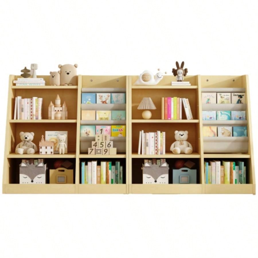 Wooden Toy Storage Organizer Cabinet Natural/ Wood Kids Bookshelf Children Bookcase Toddler Sling Book Rack Shelf Playroom Bedroom Nursery Hallway School Kindergarten Living room
