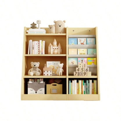 Wooden Toy Storage Organizer Cabinet Natural/ Wood Kids Bookshelf Children Bookcase Toddler Sling Book Rack Shelf Playroom Bedroom Nursery Hallway School Kindergarten Living room