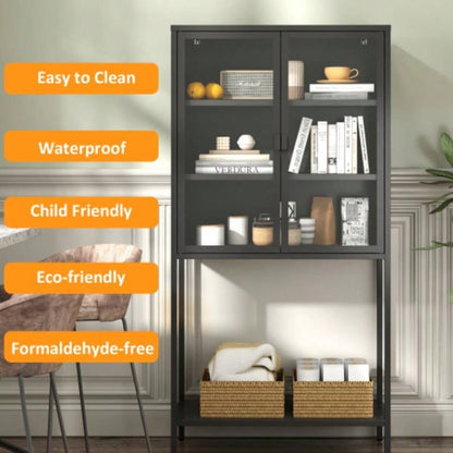 59H Heavy Duty Metal Storage Cabinet, Sideboards Buffet, Display Storage Cabinet with Glass Doors and 2 Adjustable Shelves, Tall Bookcase Modern Bookshelf Cabinet Home Office, Living Room