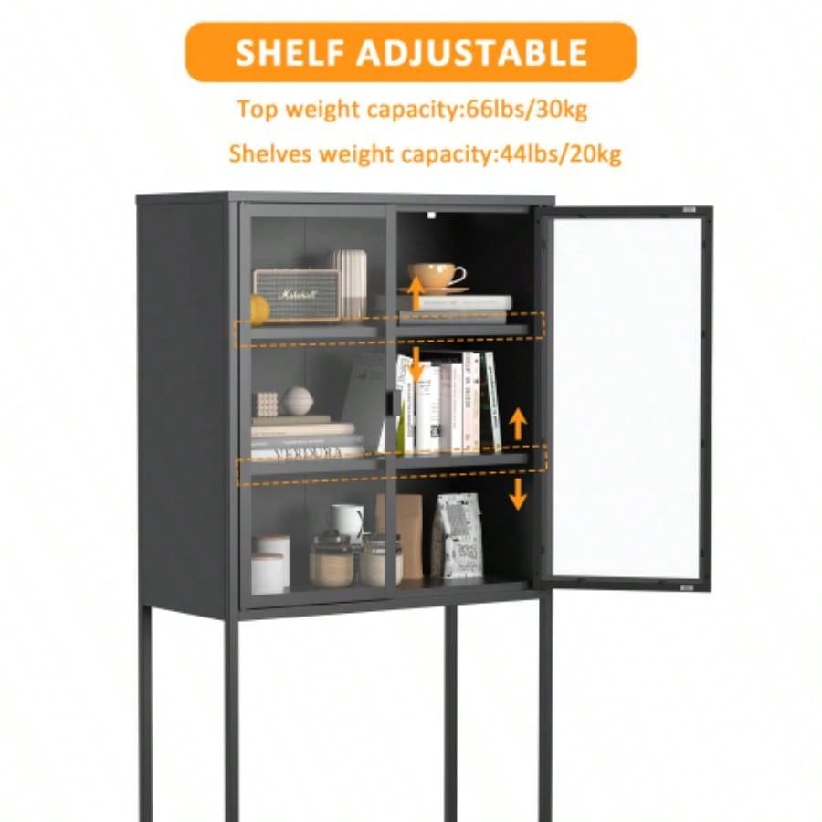 59H Heavy Duty Metal Storage Cabinet, Sideboards Buffet, Display Storage Cabinet with Glass Doors and 2 Adjustable Shelves, Tall Bookcase Modern Bookshelf Cabinet Home Office, Living Room