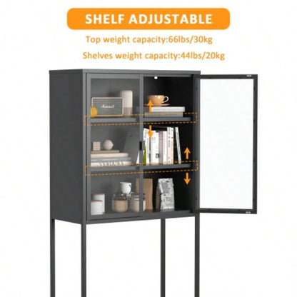 59H Heavy Duty Metal Storage Cabinet, Sideboards Buffet, Display Storage Cabinet with Glass Doors and 2 Adjustable Shelves, Tall Bookcase Modern Bookshelf Cabinet Home Office, Living Room