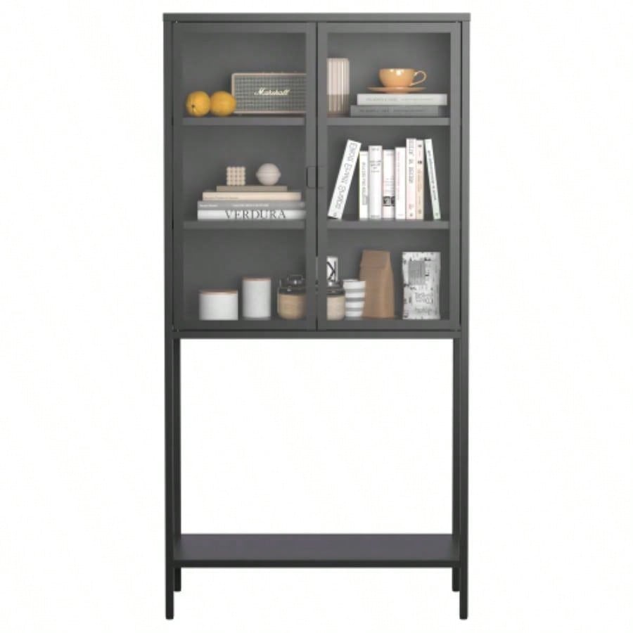 59H Heavy Duty Metal Storage Cabinet, Sideboards Buffet, Display Storage Cabinet with Glass Doors and 2 Adjustable Shelves, Tall Bookcase Modern Bookshelf Cabinet Home Office, Living Room