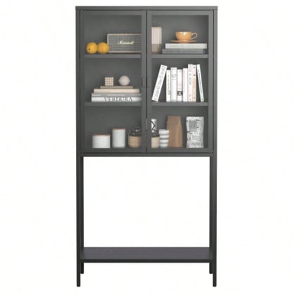 59H Heavy Duty Metal Storage Cabinet, Sideboards Buffet, Display Storage Cabinet with Glass Doors and 2 Adjustable Shelves, Tall Bookcase Modern Bookshelf Cabinet Home Office, Living Room
