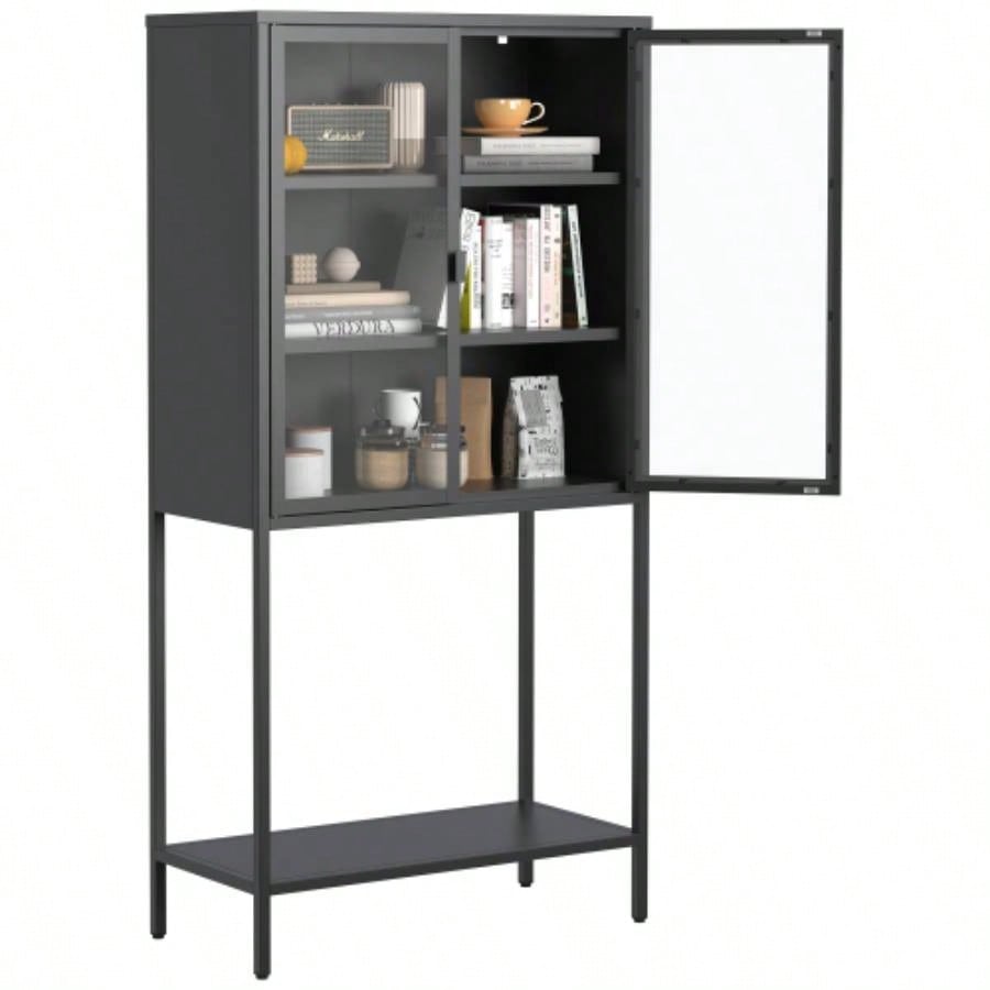 59H Heavy Duty Metal Storage Cabinet, Sideboards Buffet, Display Storage Cabinet with Glass Doors and 2 Adjustable Shelves, Tall Bookcase Modern Bookshelf Cabinet Home Office, Living Room