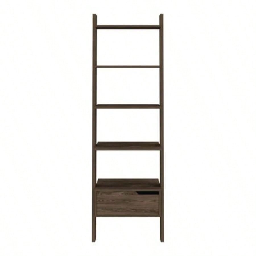 Ladder Bookcase, One Drawer, Five Open Shelves, Dark Walnut