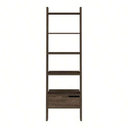 Ladder Bookcase, One Drawer, Five Open Shelves, Dark Walnut