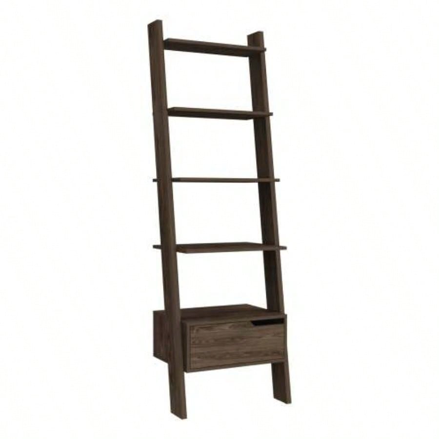 Ladder Bookcase, One Drawer, Five Open Shelves, Dark Walnut