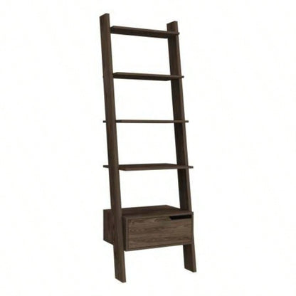 Ladder Bookcase, One Drawer, Five Open Shelves, Dark Walnut