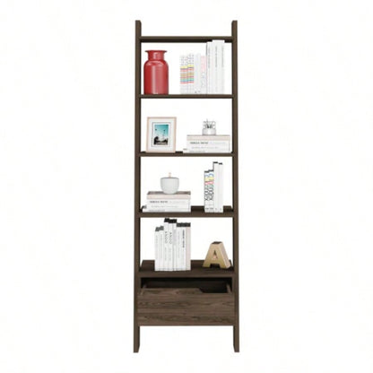 Ladder Bookcase, One Drawer, Five Open Shelves, Dark Walnut