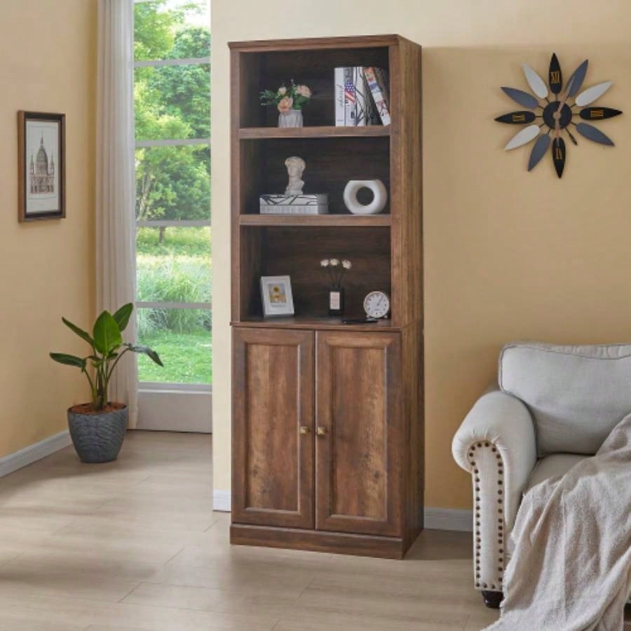 1 Doors Bookshelf with USB Port and 3 Open Shelves Bookcase Side Cabinet Storage Shelves, Rustic Brown