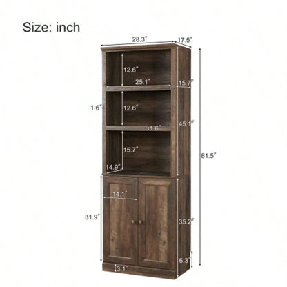 1 Doors Bookshelf with USB Port and 3 Open Shelves Bookcase Side Cabinet Storage Shelves, Rustic Brown