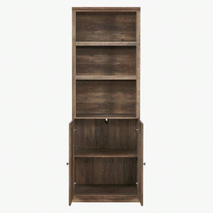 1 Doors Bookshelf with USB Port and 3 Open Shelves Bookcase Side Cabinet Storage Shelves, Rustic Brown