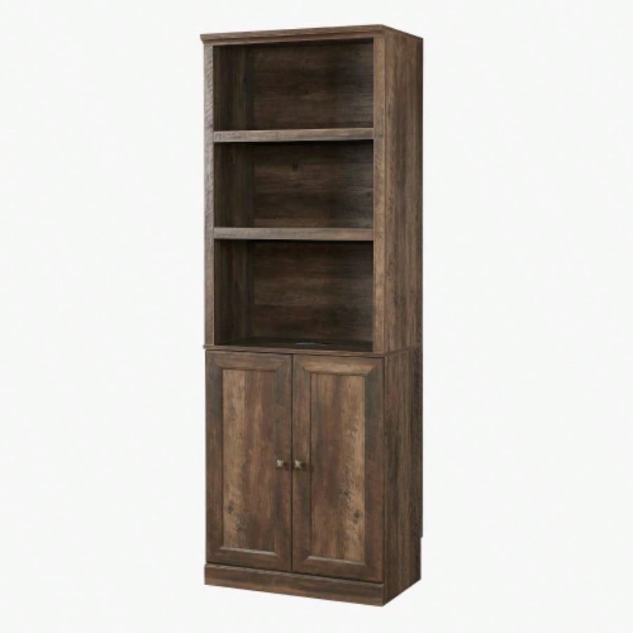 1 Doors Bookshelf with USB Port and 3 Open Shelves Bookcase Side Cabinet Storage Shelves, Rustic Brown