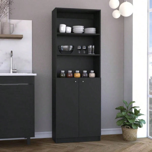 Vinton 2 - Door Bookcase with Upper Shelves, Black