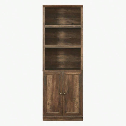 1 Doors Bookshelf with USB Port and 3 Open Shelves Bookcase Side Cabinet Storage Shelves, Rustic Brown