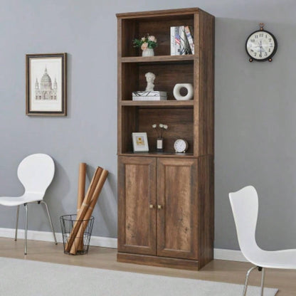 1 Doors Bookshelf with USB Port and 3 Open Shelves Bookcase Side Cabinet Storage Shelves, Rustic Brown