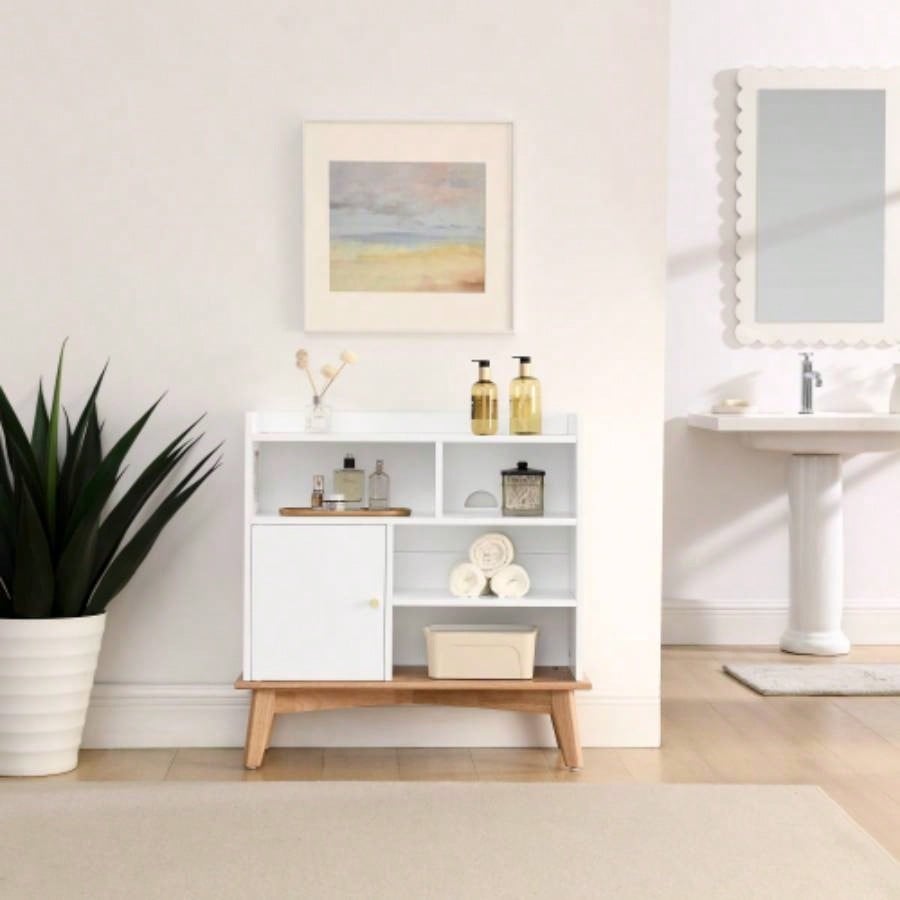 Colorblocking Storage Cabinet with Solid Wood Base feet, Floor Cabinet Bedroom Living Room Nursery Home Office Reception Entrance, Bookcases Children, Bathroom Cabinet