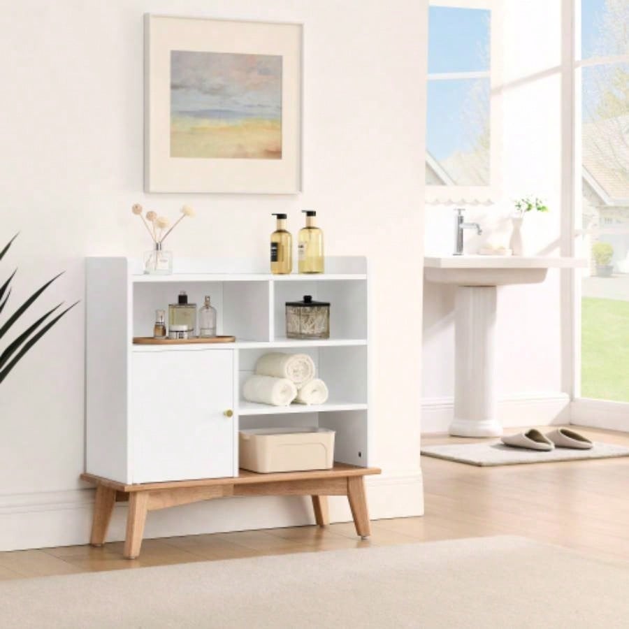 Colorblocking Storage Cabinet with Solid Wood Base feet, Floor Cabinet Bedroom Living Room Nursery Home Office Reception Entrance, Bookcases Children, Bathroom Cabinet