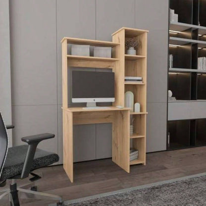 Light Oak 6 - Shelf Writing Desk with Built - in Bookcase