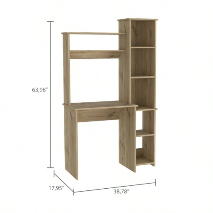 Light Oak 6 - Shelf Writing Desk with Built - in Bookcase