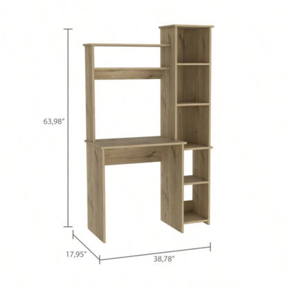 Light Oak 6 - Shelf Writing Desk with Built - in Bookcase