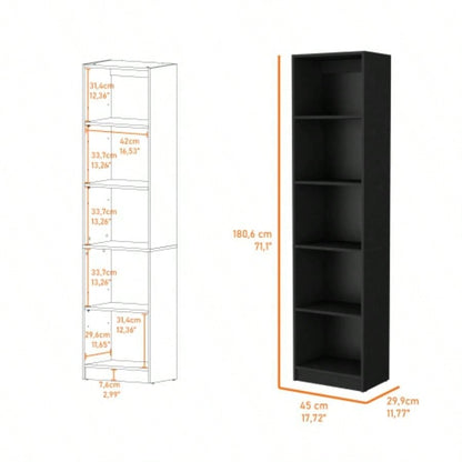 Sutton Slim Bookcase with Modern 5 - Shelf Design