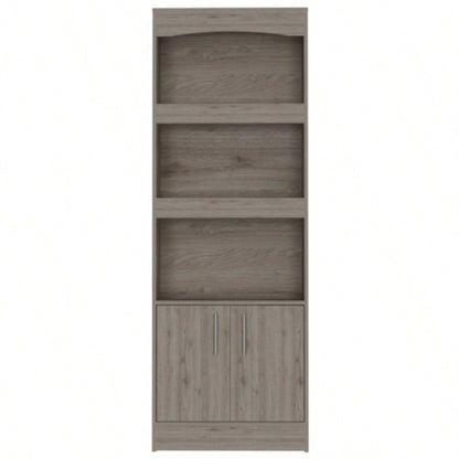 Bookcase, Three Shelves, Double Door Cabinet, Metal Hardware, Light Gray